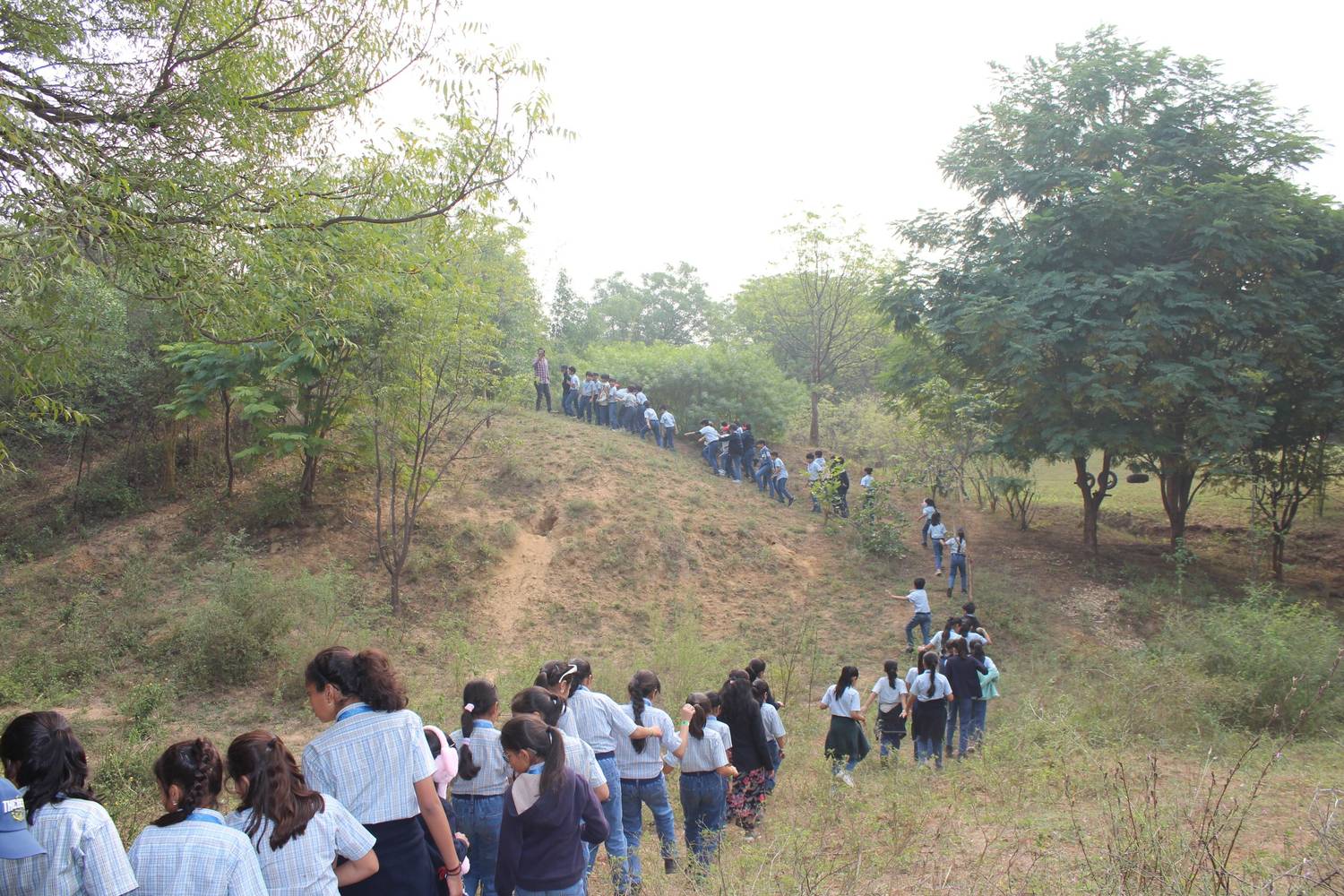 Group hiking up earthen hill trail