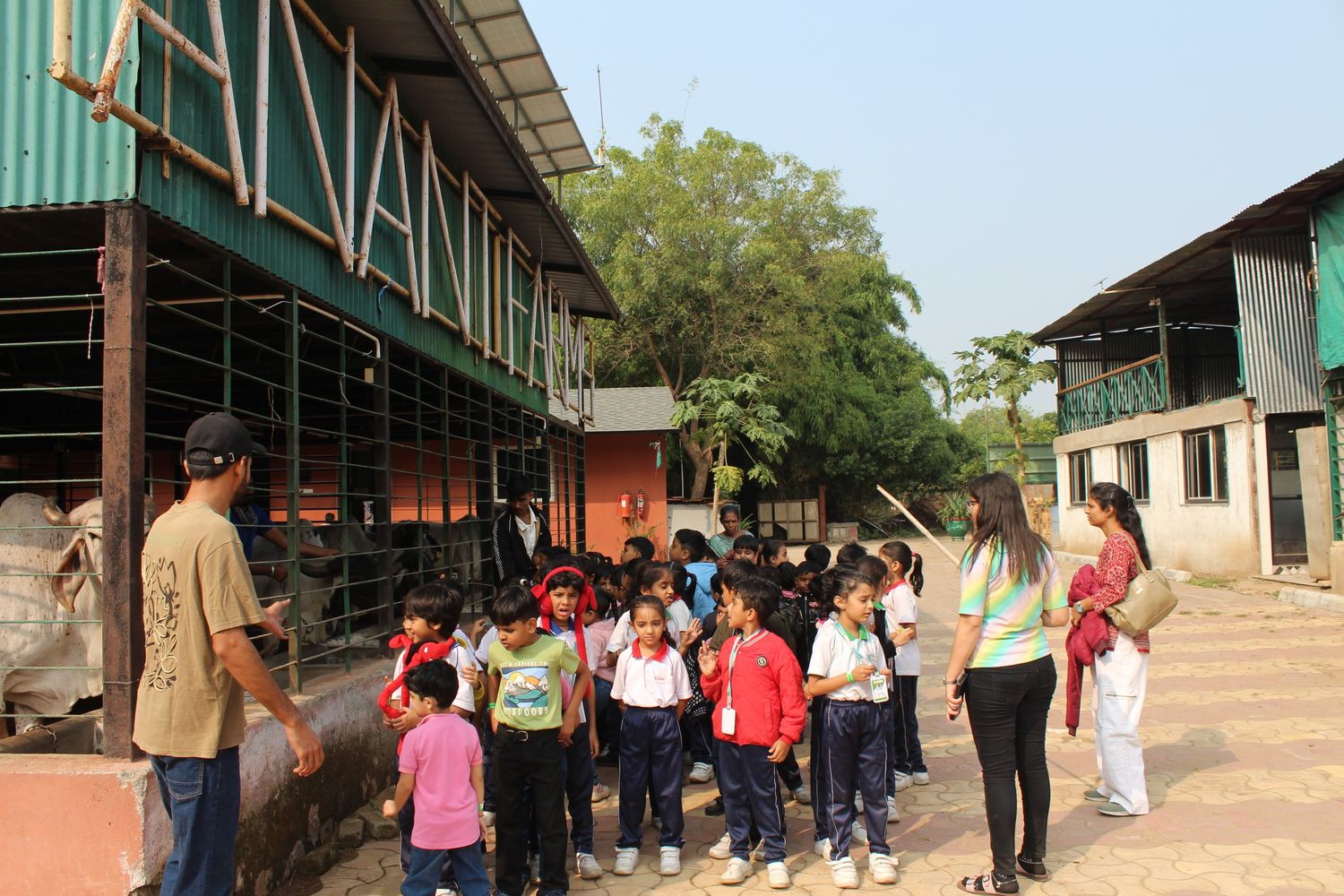 Group visiting farm area and animal shelters