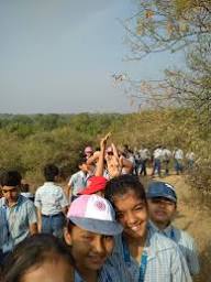Long shot of student group trekking through nature