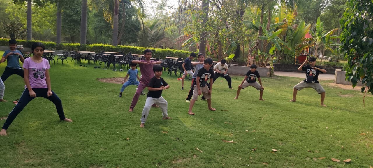 A group of children practicing martial arts stances on a green lawn
