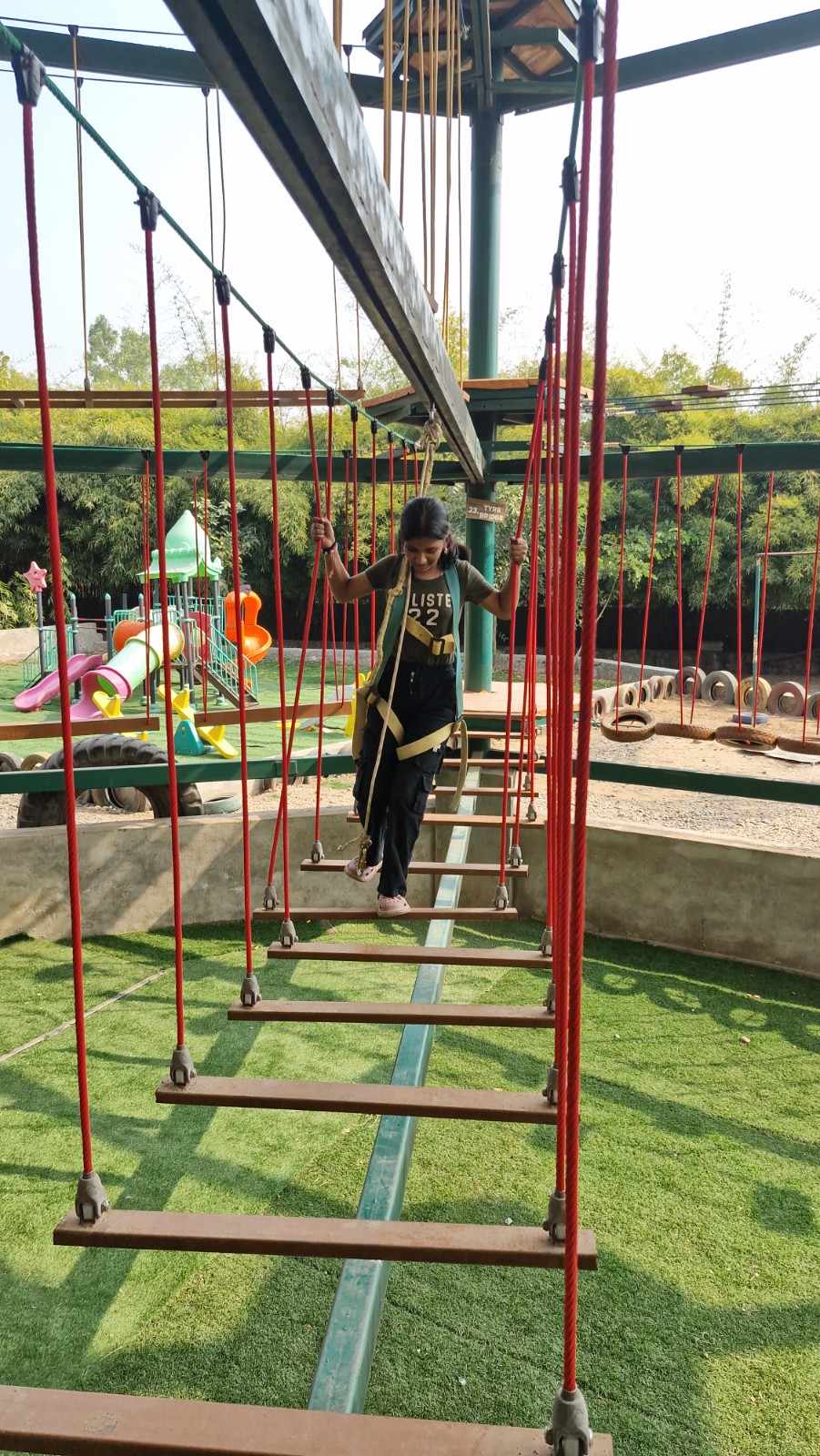 Girl on suspension bridge