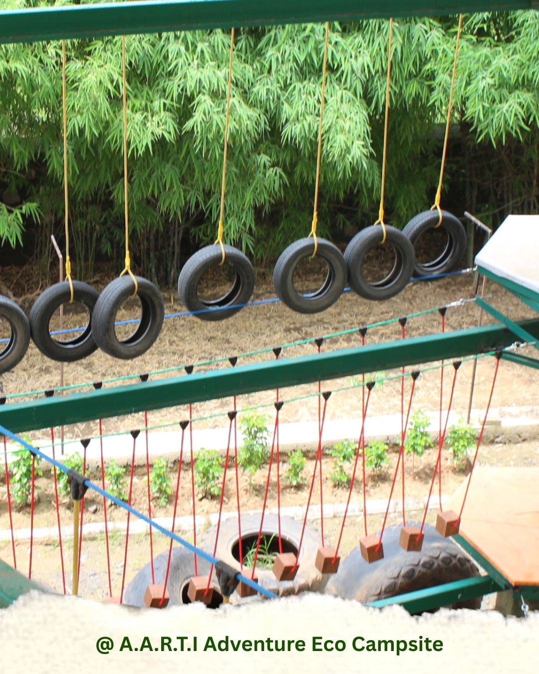 Hanging tire bridge obstacle for balance training